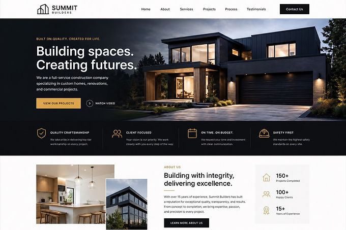 Modern construction website design with booking section, services menu, and clean layout