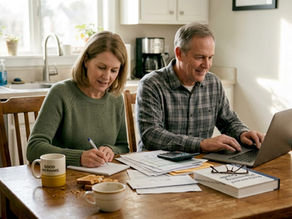 Couple planning retirement at kitchen table