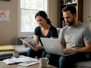 Couple discusses finances in lived-in living room