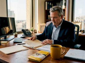 Insurance agent reviewing client documents in bright office