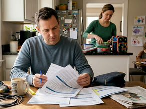 Family reviewing health plan paperwork at kitchen table