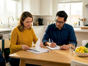 Parents reviewing health insurance documents at kitchen table