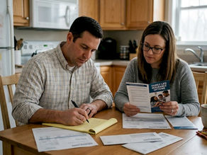 Parents reviewing life insurance papers at kitchen table