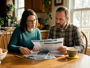 Couple reviews health insurance documents at kitchen table