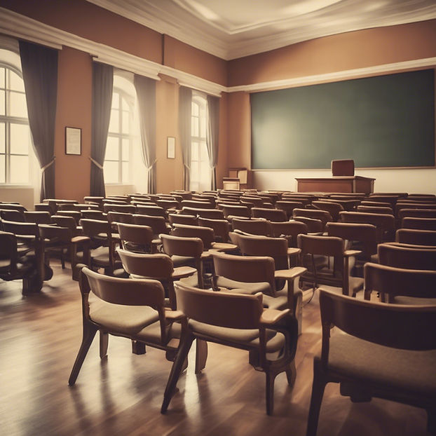 Create a picture in the vintage atmosphere of a university room, without students but only