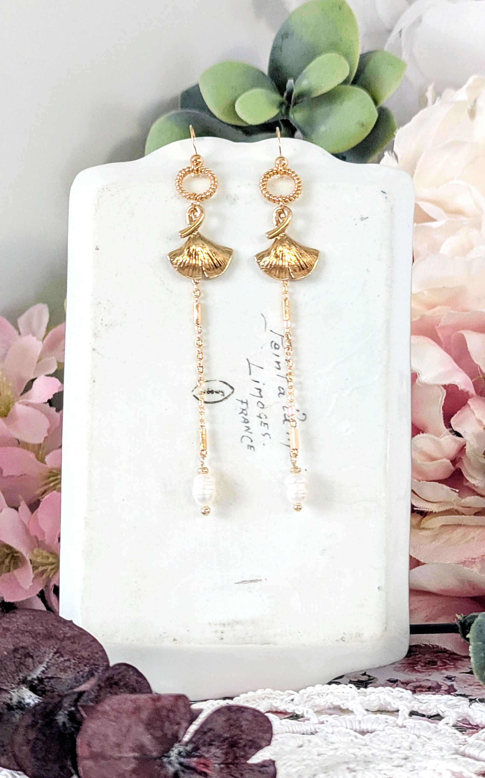 Boucles d'oreilles ginkgos et perles