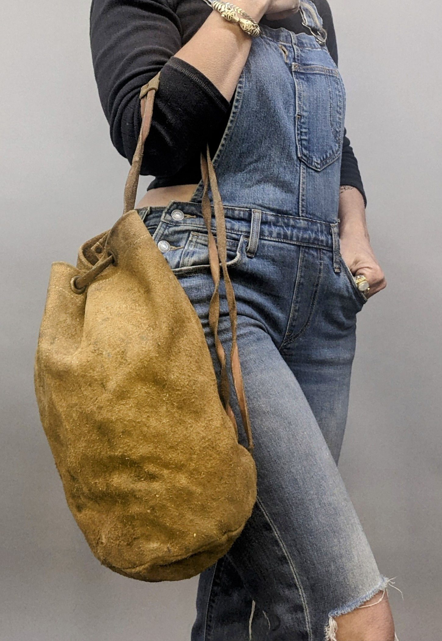 Vintage Suede Drawstring Tote Bag