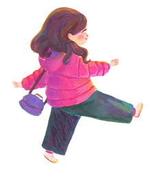 illustration of a little girl in pink puffer jacket skipping happily