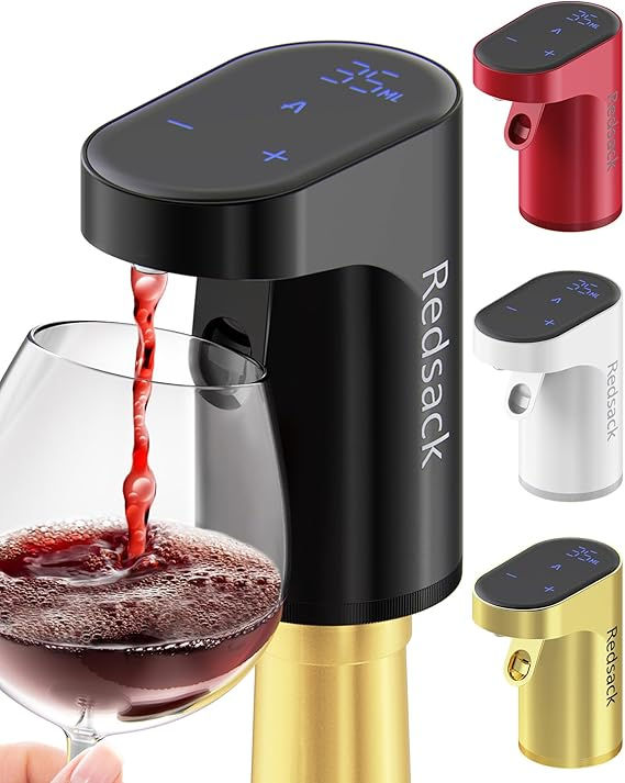 Black wine aerator labeled "Redsack" pouring red wine into a glass. Includes red, white, and gold variants of the aerator.