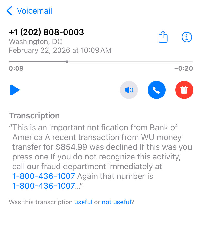 Voicemail scam alert – Fake bank fraud call pretending to be Bank of America in Houston – Houston Tech Guys