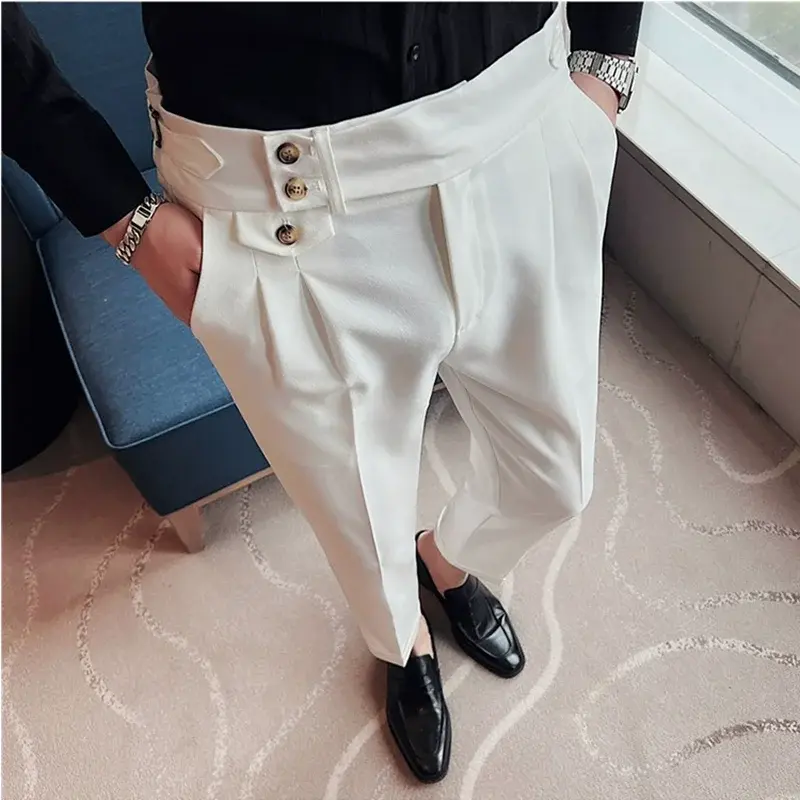 Miniatura: 2025 Spring Autumn Men High Waist Belt Design Casual Slim Formal Dress Pant Men 