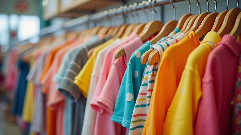 Eye-level view of a colorful clothing rack filled with vibrant children's outfits