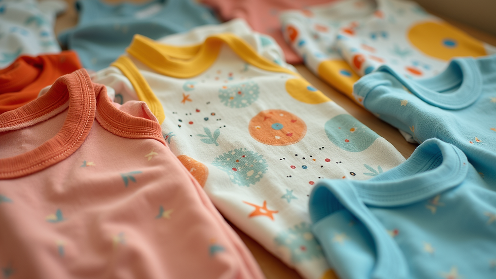 Close-up view of colorful baby clothes with playful patterns