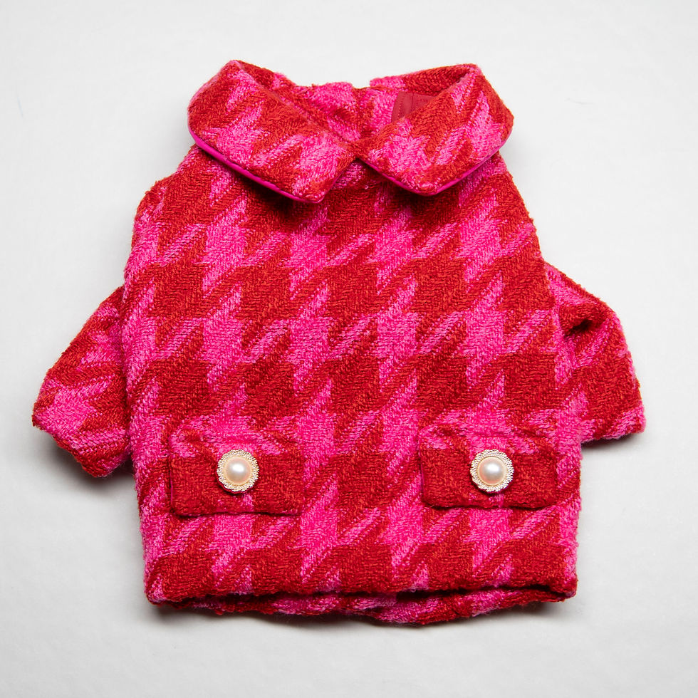 Miniature : Pink and  red houndstooth tweed dog coat backview, flat lay
