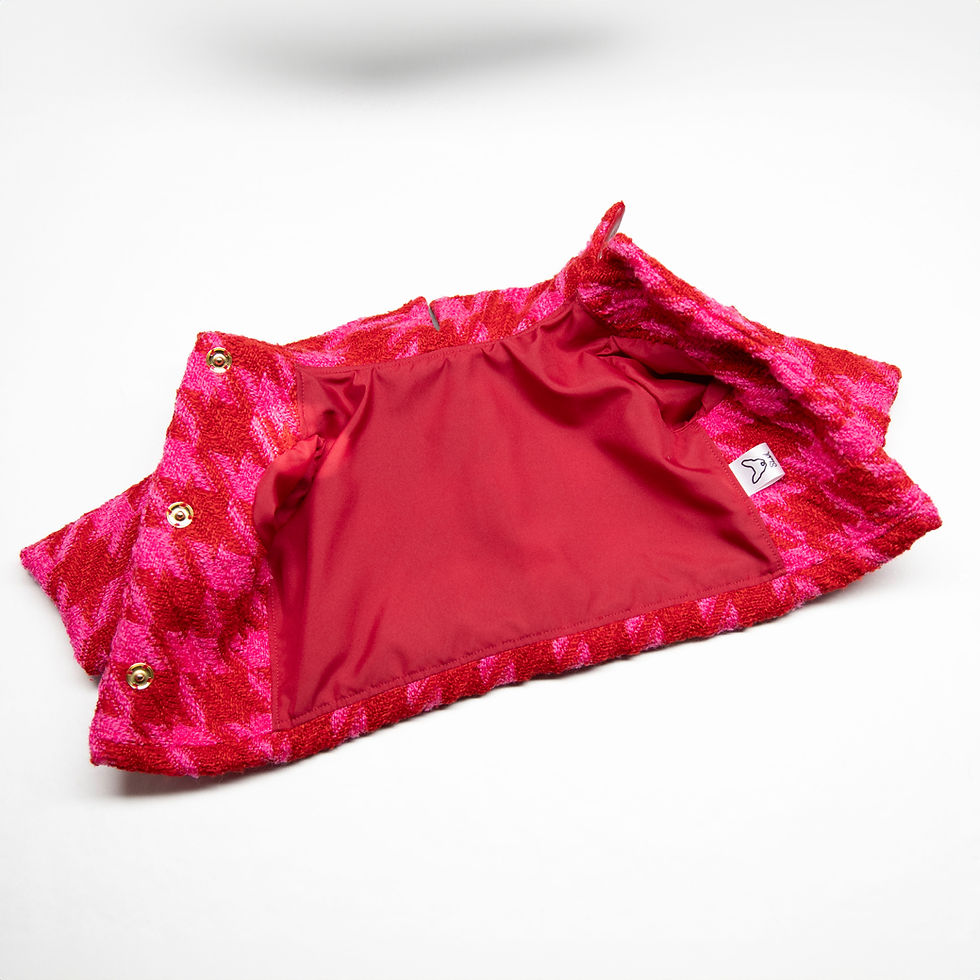 Miniature : Pink and red houndstooth tweed jumpsuit and jacket set for Italian Greyhounds, Whippets and Greyhounds, jacket lining