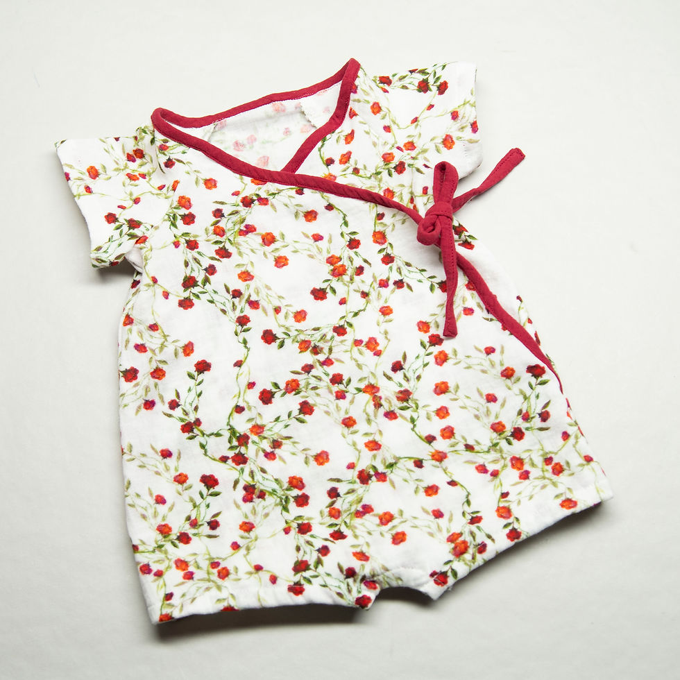 Double gauze 100% cotton wrap romper for baby, roses pattern and red brick trims and tie
