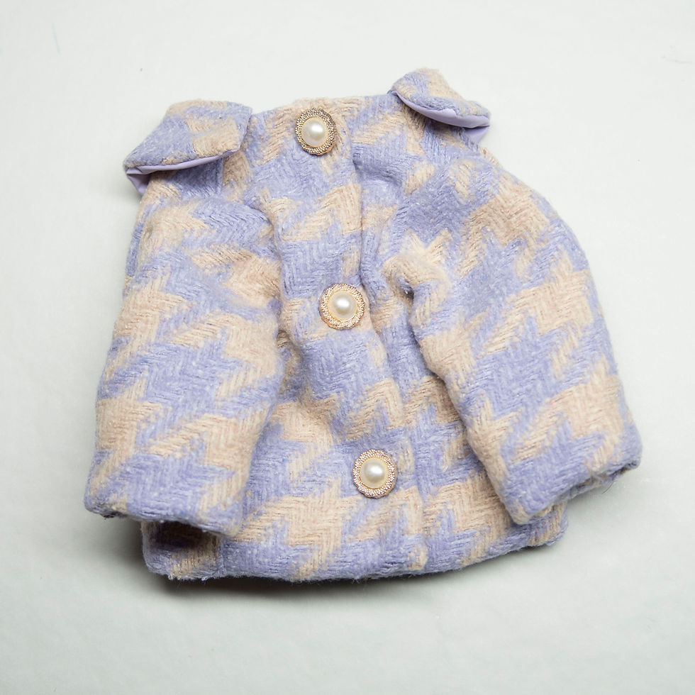 Miniature : Close-up of ROMANCE Set on dog — front view, detail of lavender houndstooth tweed fabric,  with buttons