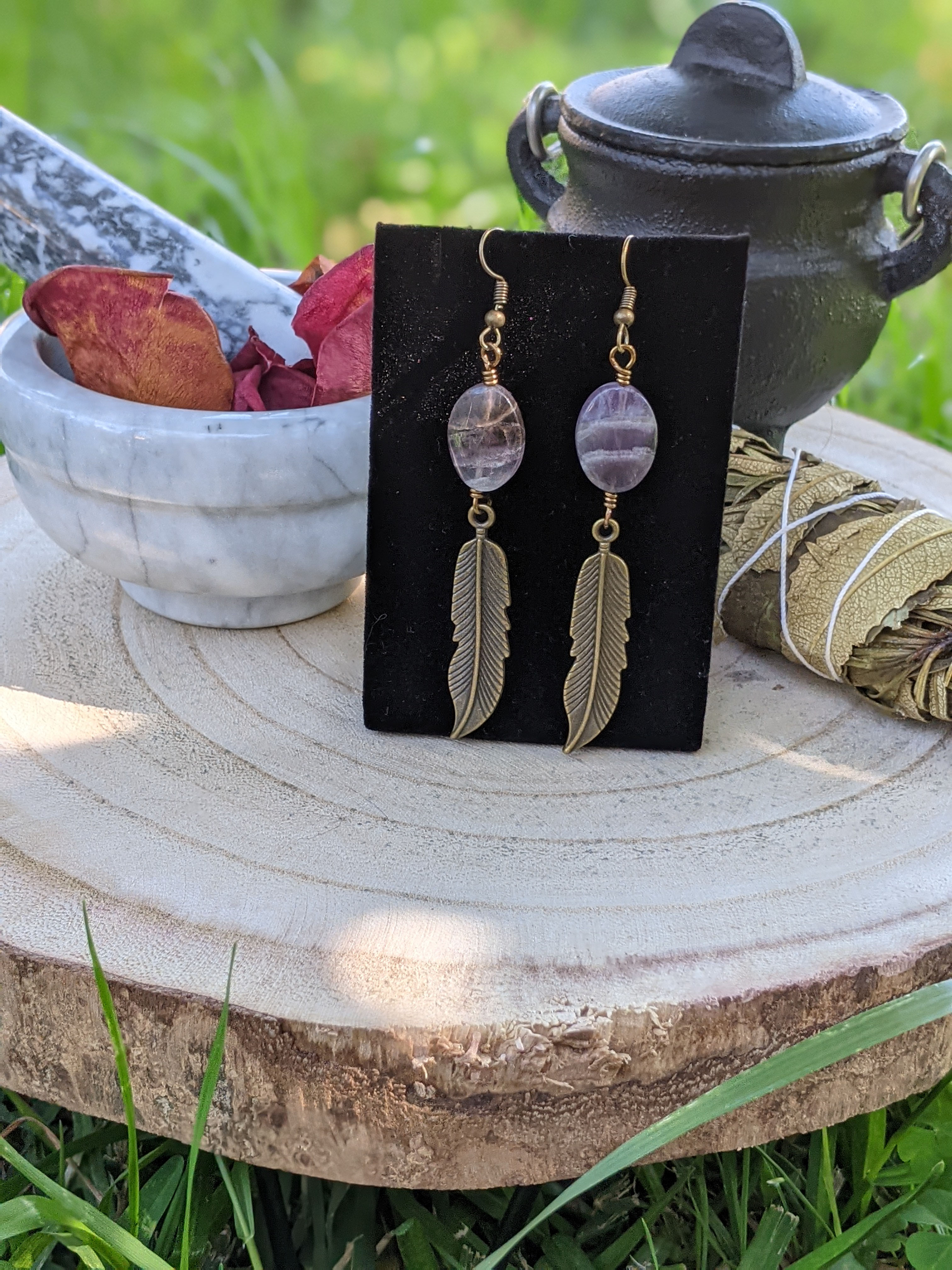 Chevron Amethyst Feather Earrings