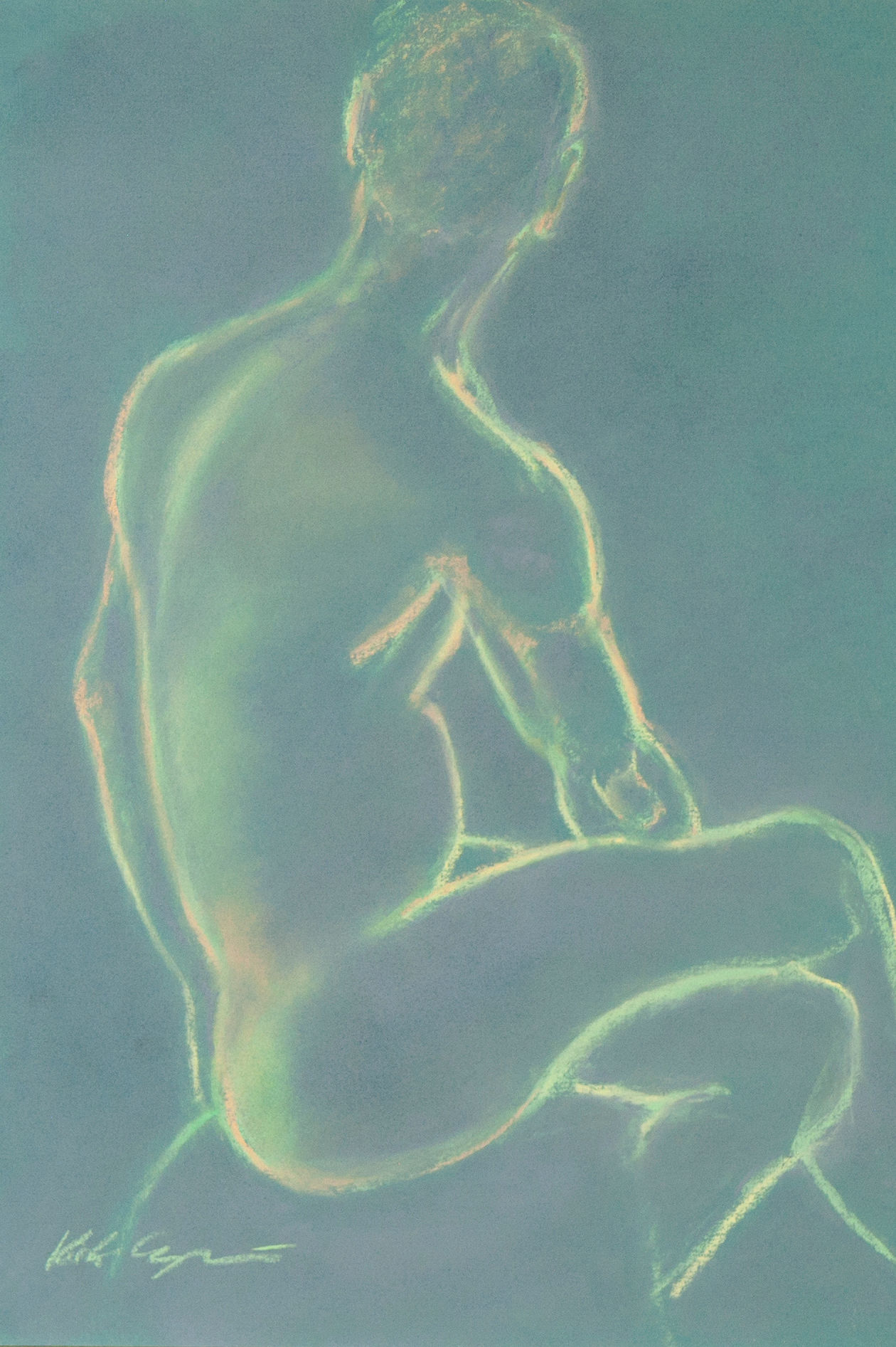 Siiting Figure in Pastels, Blue Background