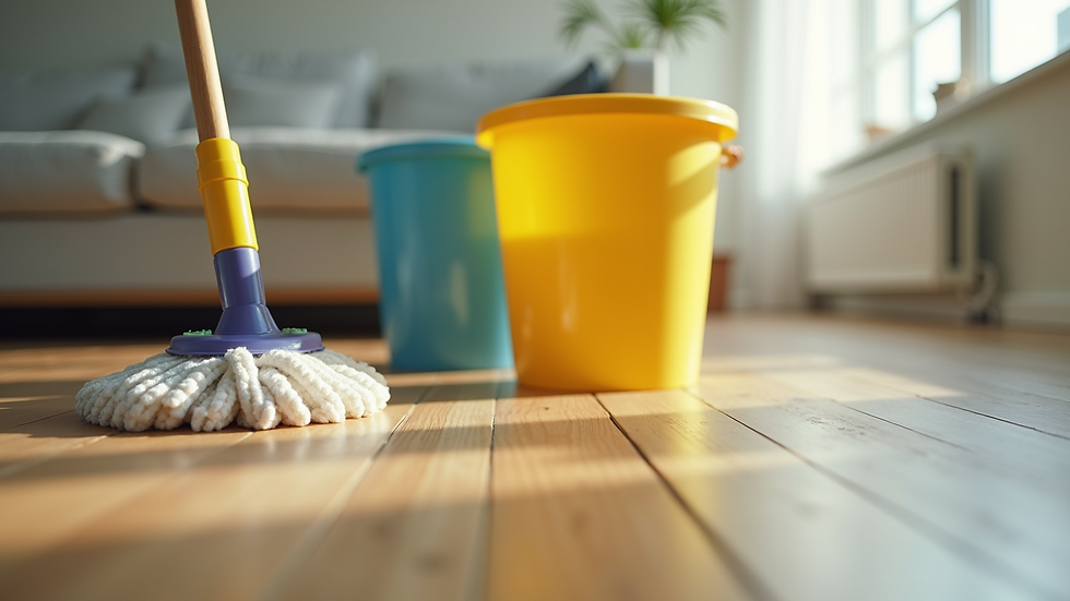 Eye-level view of a mop and bucket on a clean wooden floor