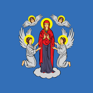 A blue flag of four angels surrounding a saint 