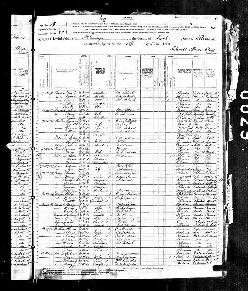 1880 U.S. Census page from Illinois listing individuals' names, ages, occupations, and birthplaces, with handwritten entries on lined paper.