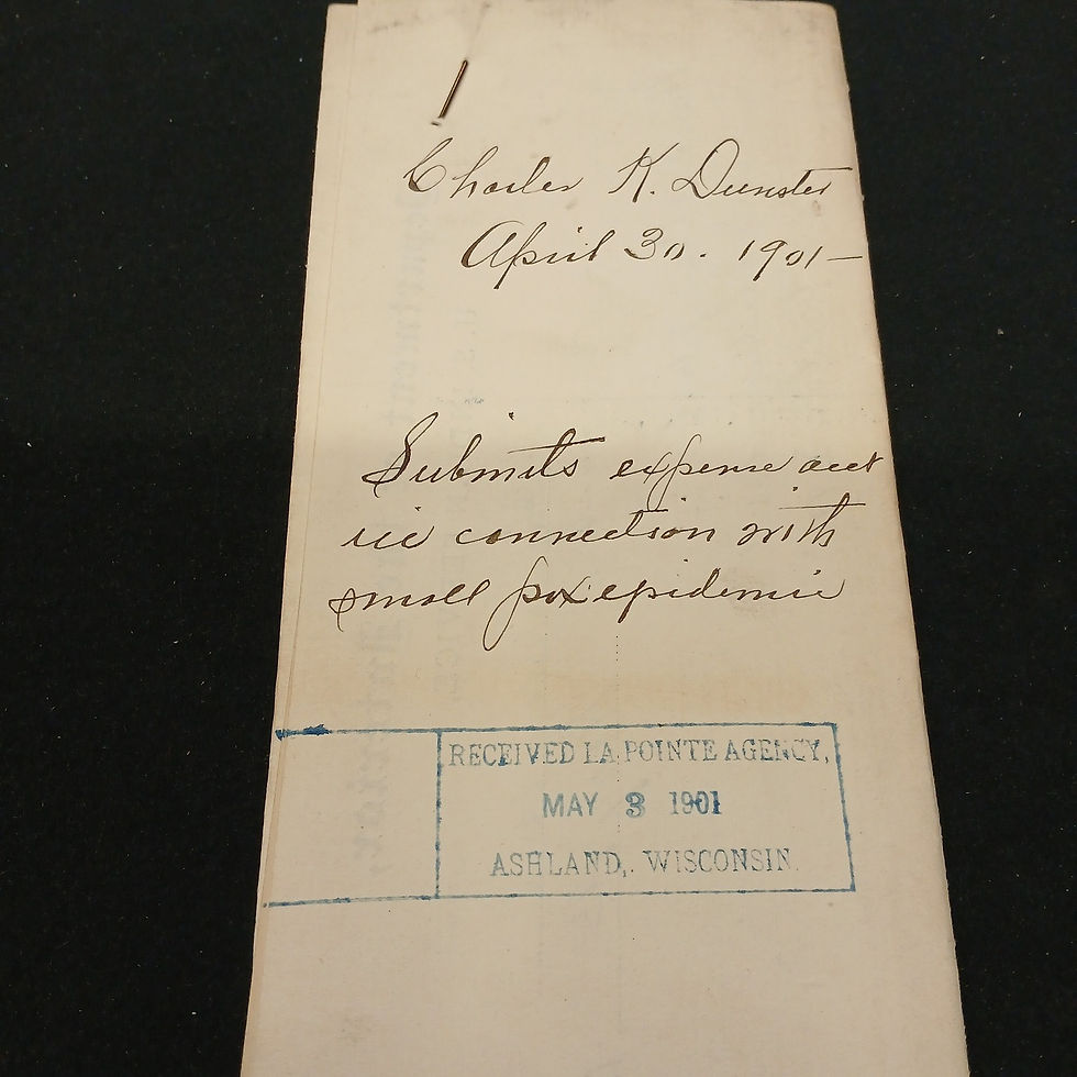 Old document on black background, showing handwritten text about an expense account related to a smallpox epidemic, dated April 30, 1901.