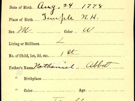 irth record for Nathaniel Abbot, born Aug. 24, 1778, in Temple, N.H. Details include parents, occupation, and birth order.