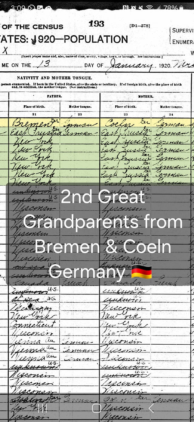 1920 U.S. census document. Highlighted text notes great grandparents from Bremen & Coeln, Germany. Overlaid with German flag emoji.