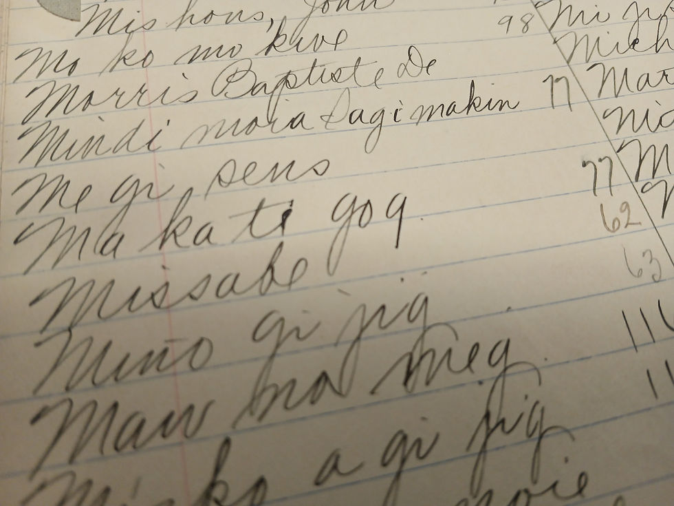 Page with handwritten text in neat cursive on lined paper. Text includes names and numbers. Warm lighting creates a nostalgic feel.