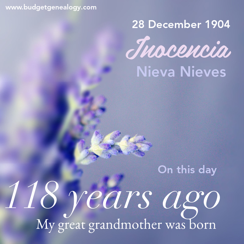 Lavender on a soft purple background. Text: "28 December 1904, Inocencia Nieva Nieves. 118 years ago my great grandmother was born."