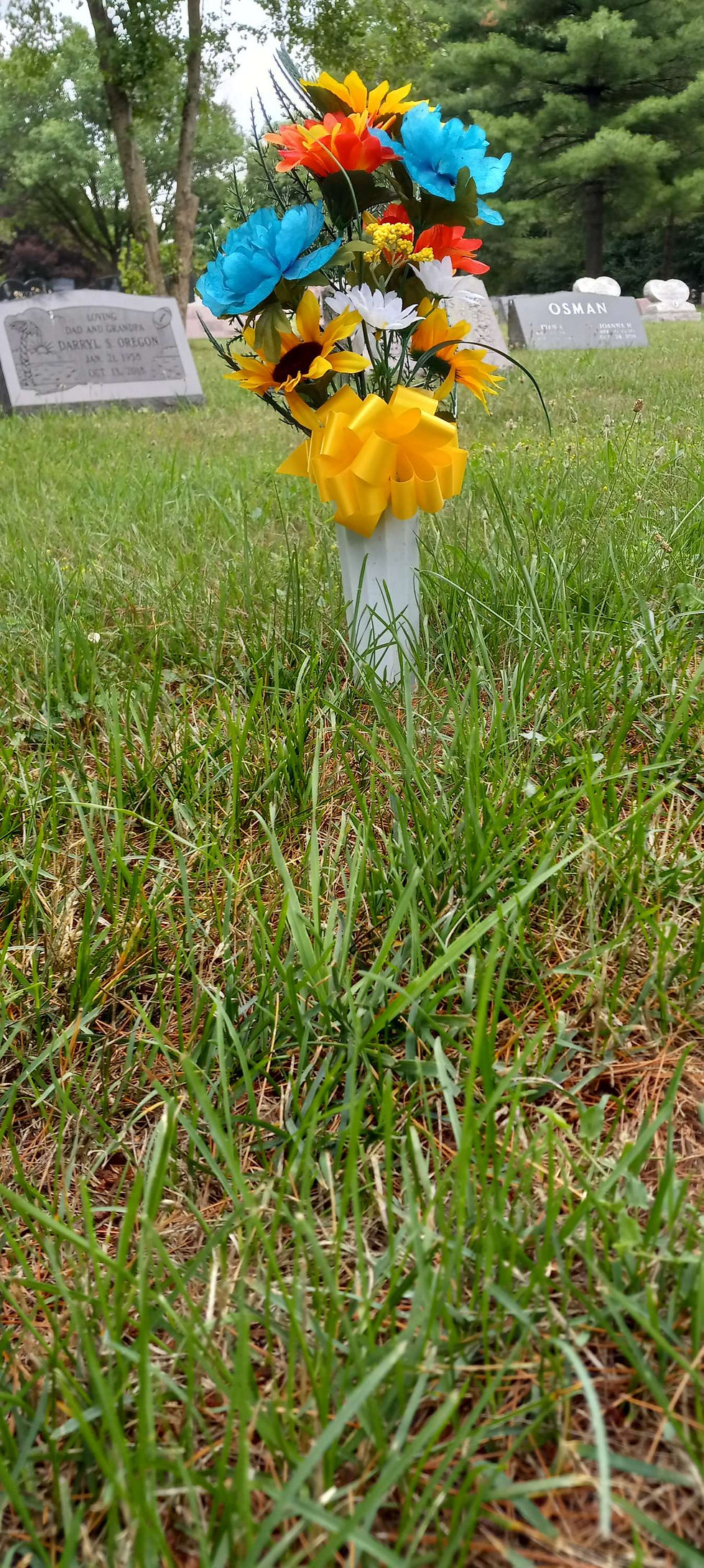 Bouquet of colorful flowers with a yellow bow in a cemetery. Tombstones in the background amidst green grass and trees. Quiet, respectful mood.