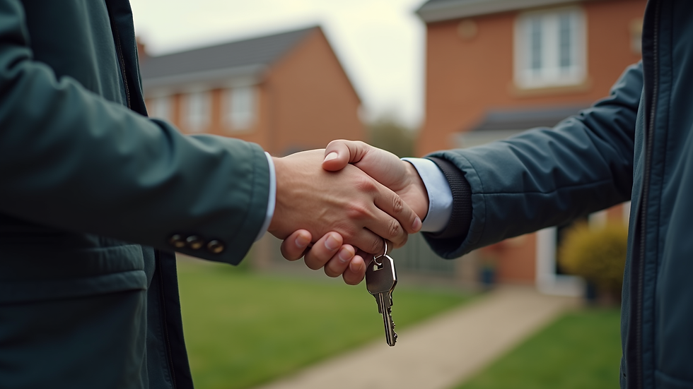 High angle view of a landlord handing keys to a tenant outside a UK home