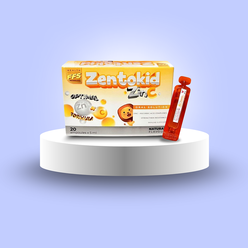 Zentokid box and Ampoule on white pedestal and light blue background.