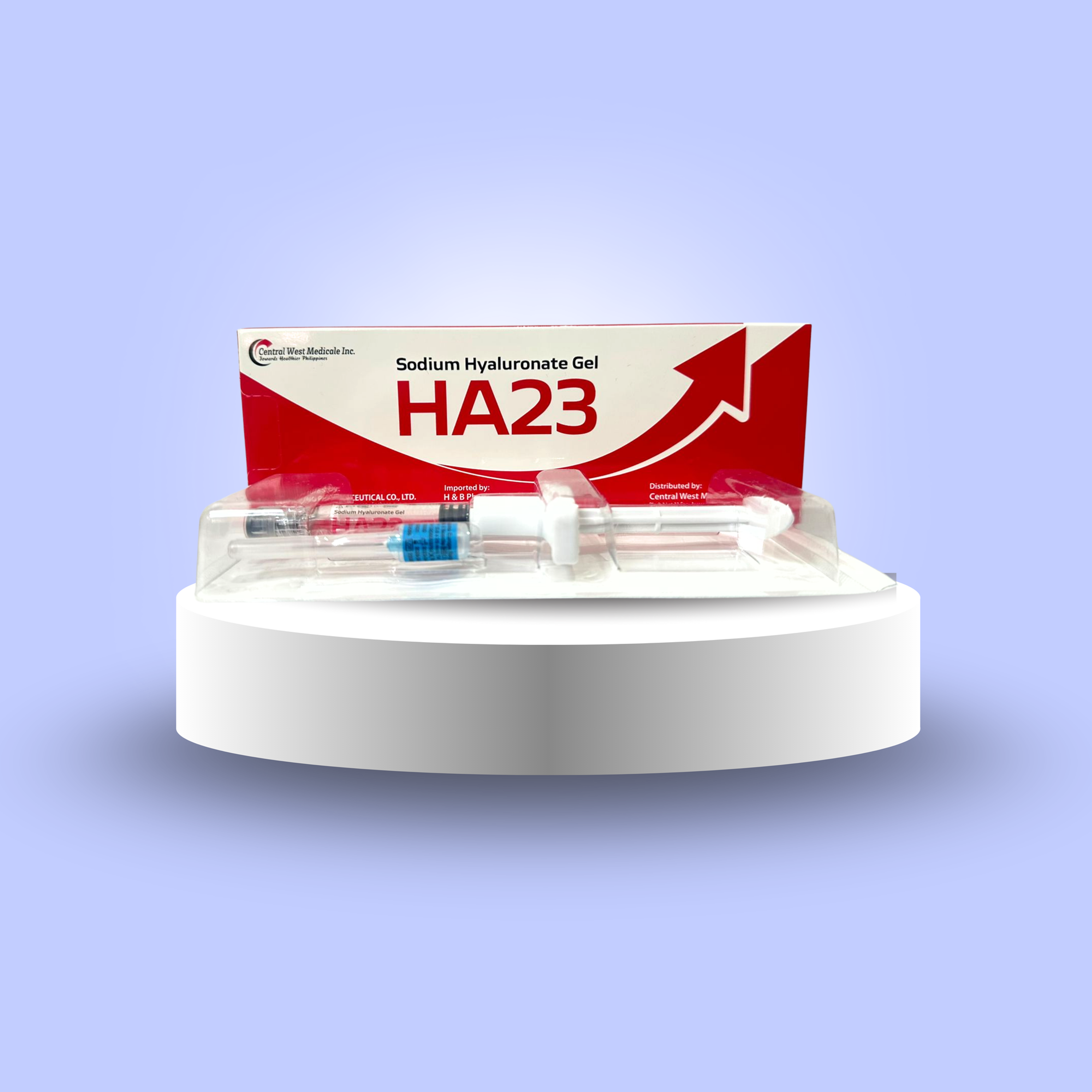 HA23 Sodium Hyaluronate Gel package with syringe on display, Central West Medical