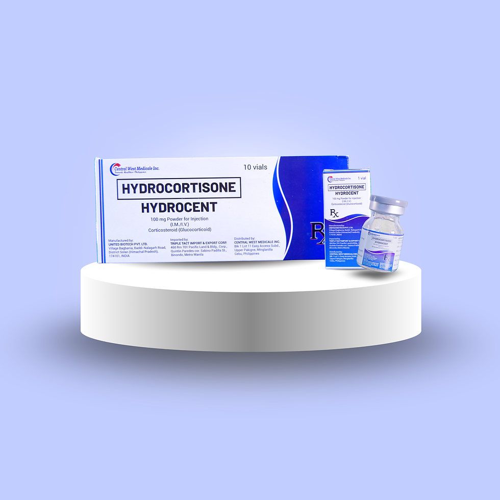 Hydrocortisone Hydrocent box and vials displayed on a white pedestal against blue.