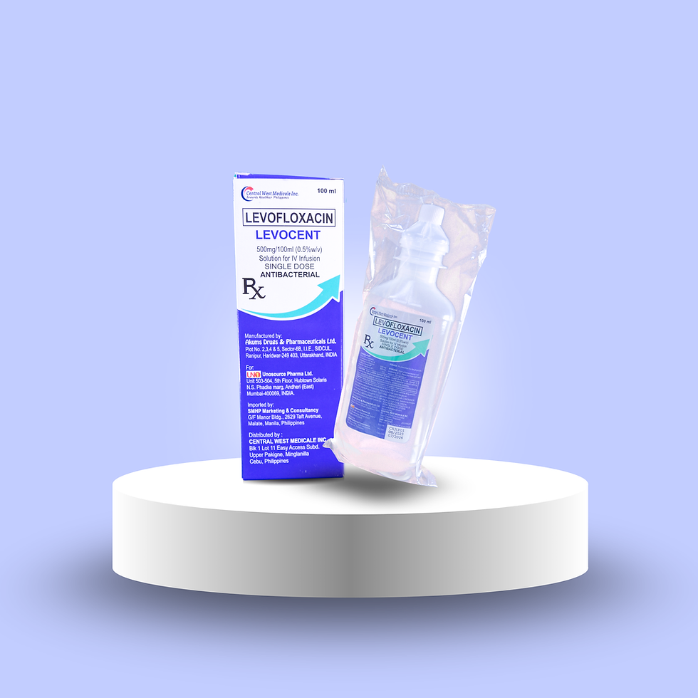 Levofloxacin medication box and IV bag displayed on a white pedestal, Central West Medical.