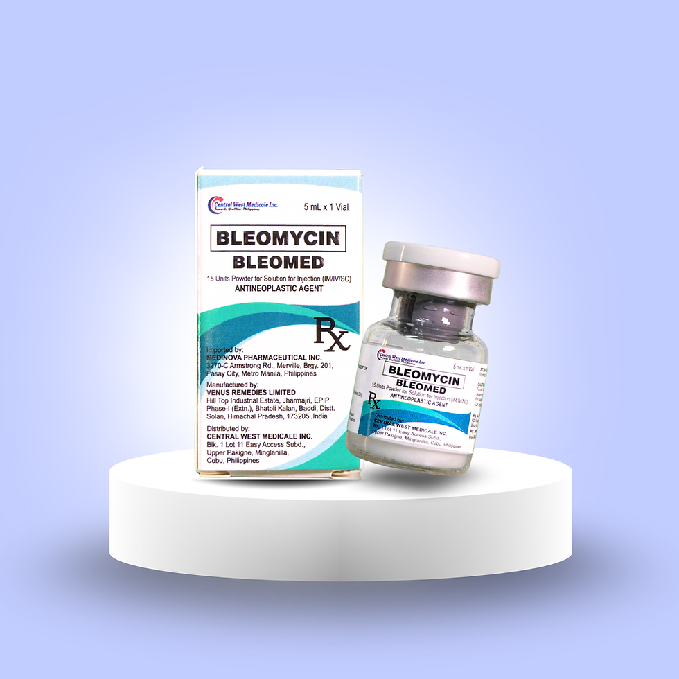 Bleomycin Bleomed medication vial and box with details on a white pedestal