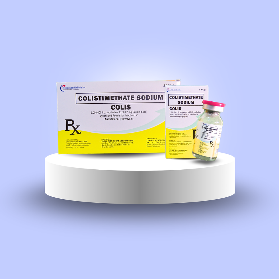 Colistimathate Sodium COLIS medicine boxes and vial on white podium