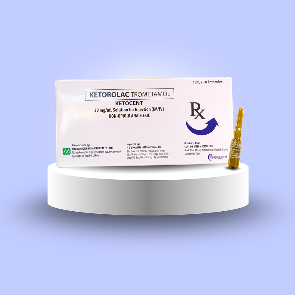 Box of Ketorolac Troetamol KETOCENT, with ampule, RX symbol, and text for medical usage.