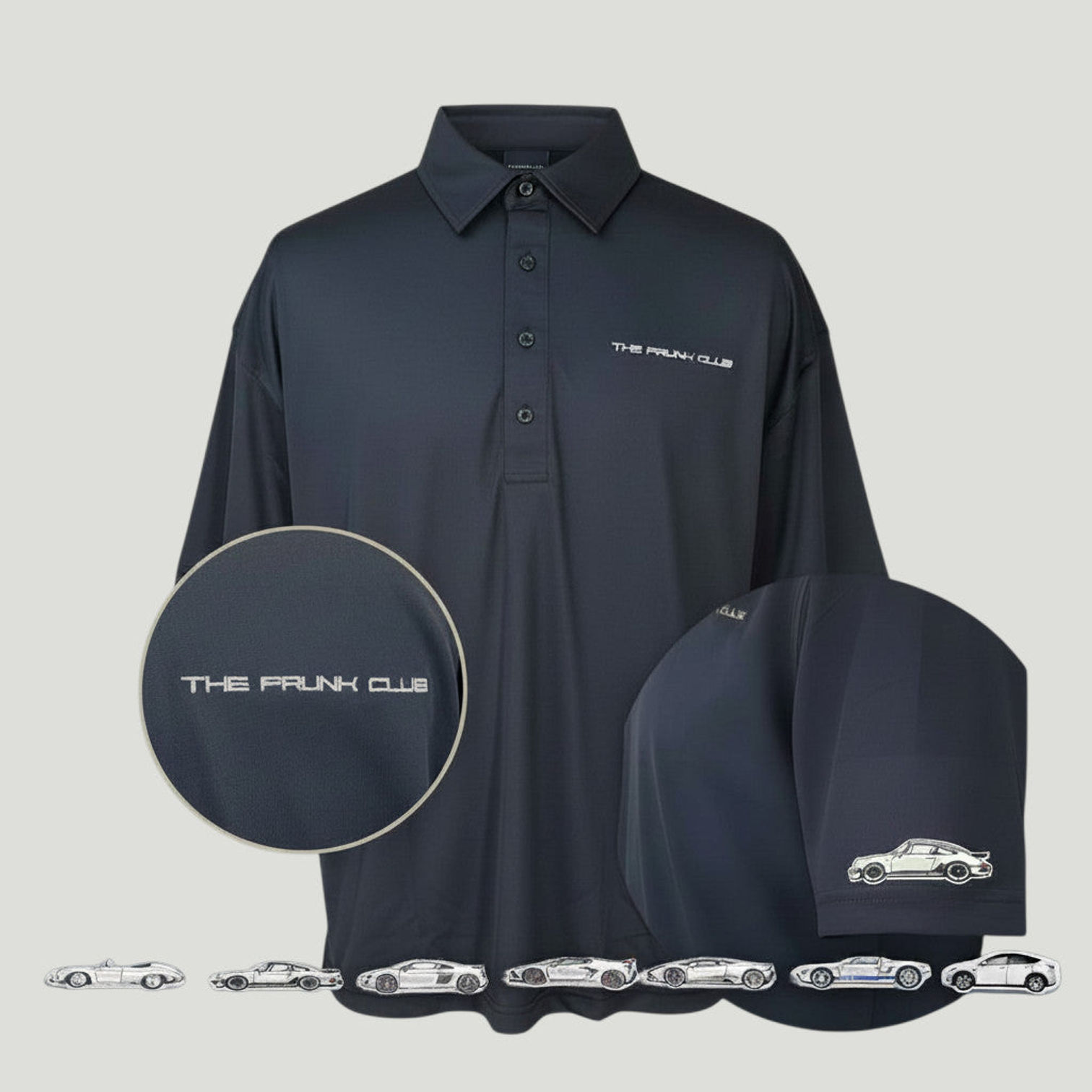 Black collared polo shirt with “THE FRUNK CLUB” embroidered on the chest.