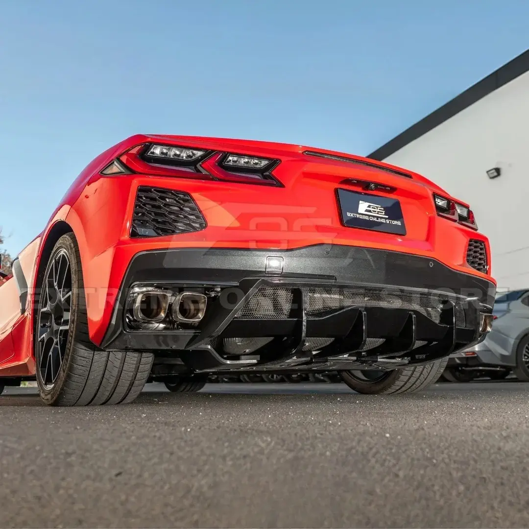 C8 Corvette Stingray rear diffuser add-on full panel installed on 2020–2025 model