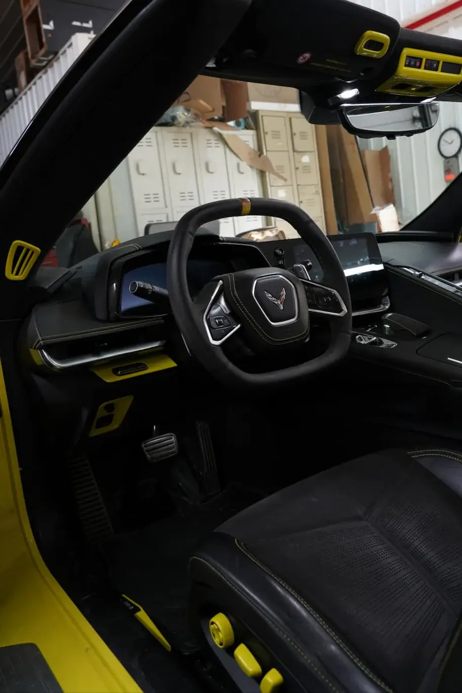 C8 Corvette interior controls trim overlay kit installed on dashboard and console controls