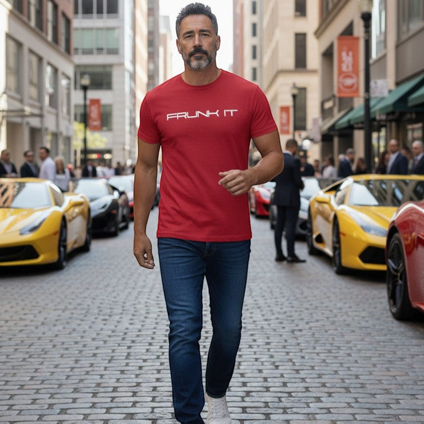 Man wearing a red Frunk It short sleeve t-shirt with additional black, red, and gray shirt color options shown.