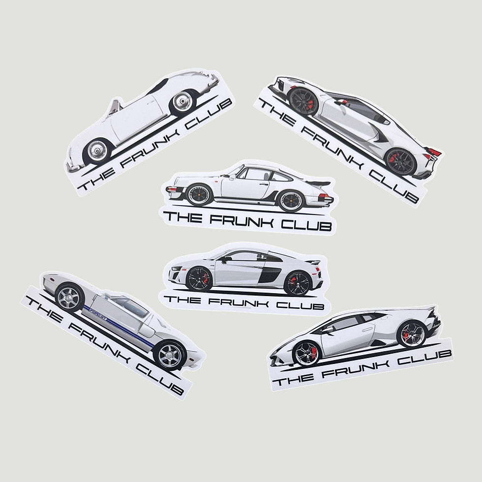 Thumbnail: Set of automotive die-cut stickers featuring sports car designs and The Frunk Club branding.