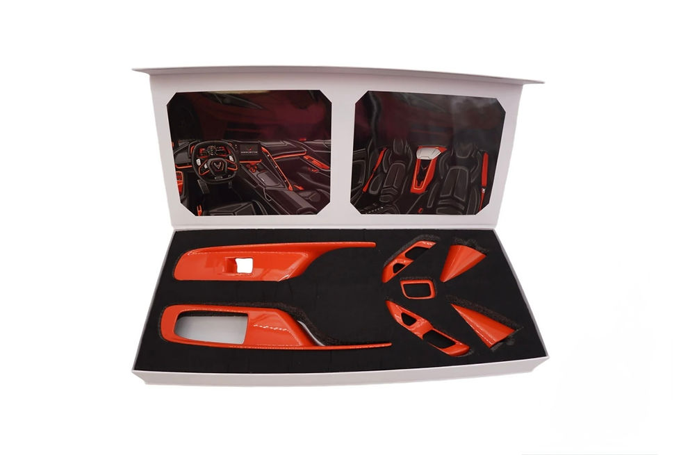 C8 Corvette door trim overlay kit installed on interior door panel for Z06, E-Ray, and Stingray models