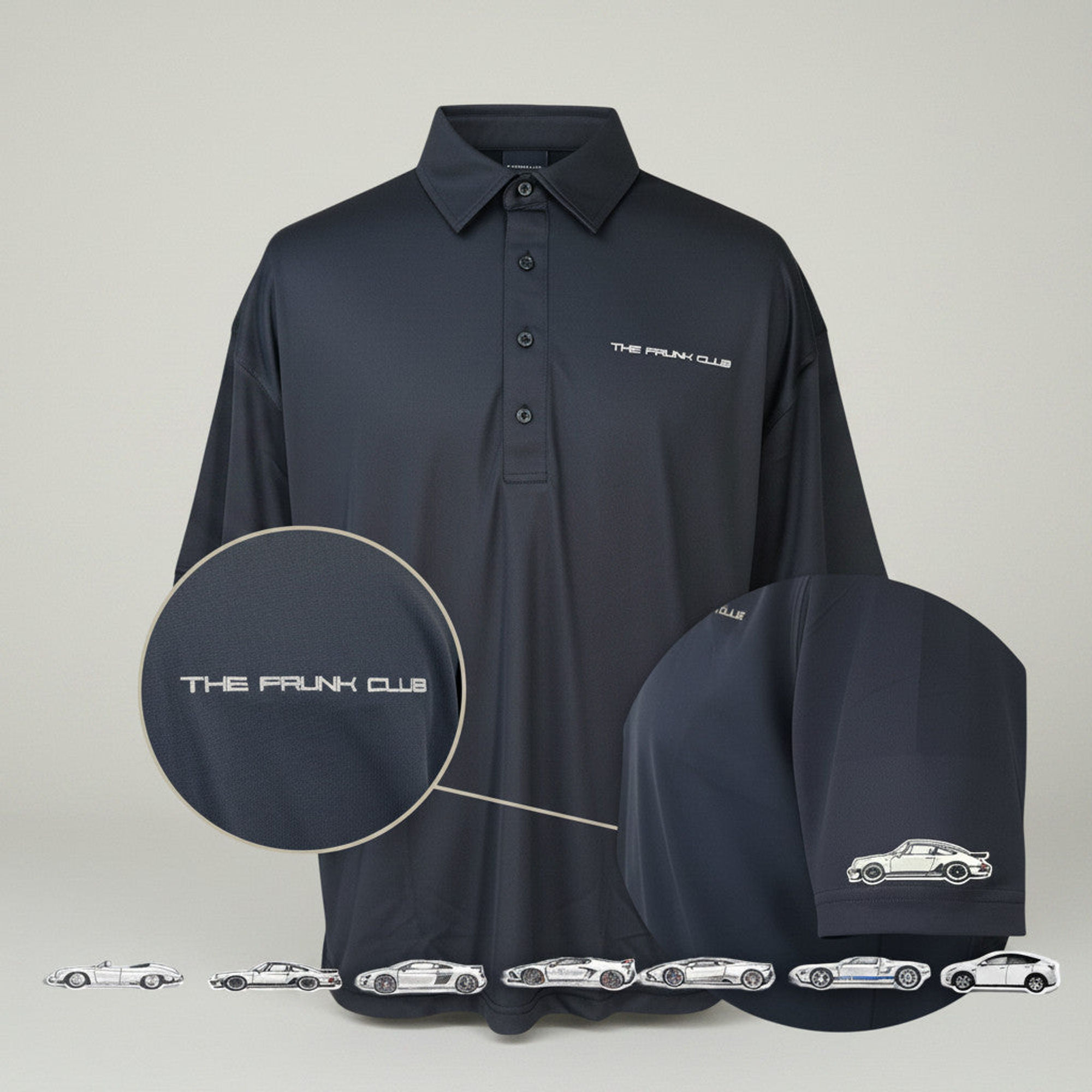 The Starting Grid Polo and Patch Bundle with dark Frunk Club polo, sleeve patch detail, and automotive patch options.