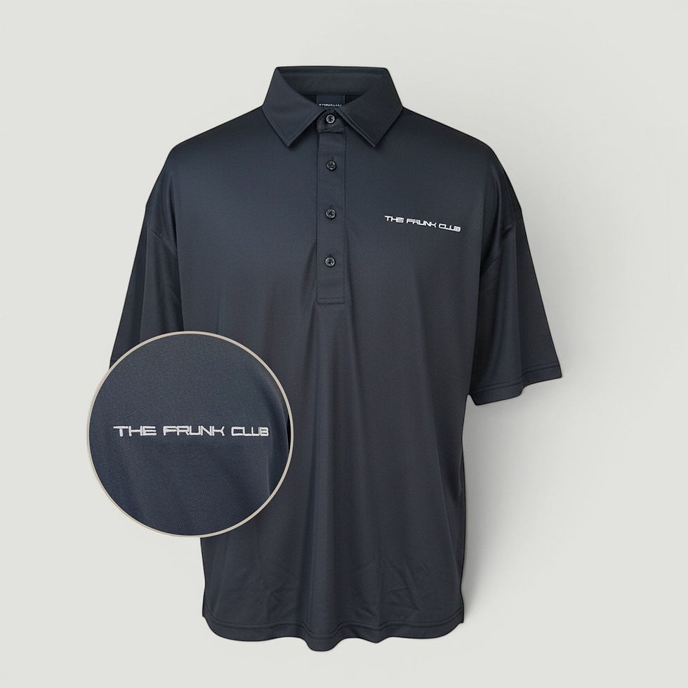 Thumbnail: Black polo shirt laid flat with visible embroidered “THE FRUNK CLUB” text.
