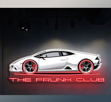 Neon‑style illustration of a white Lamborghini Huracán with glowing red wheels and illuminated “THE FRUNK CLUB” text beneath.