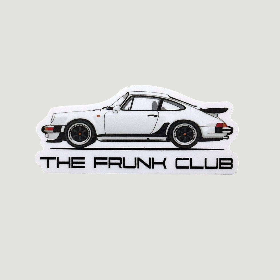 Die‑cut sticker of a white Porsche 930 side profile with black wheels and “THE FRUNK CLUB” text beneath.